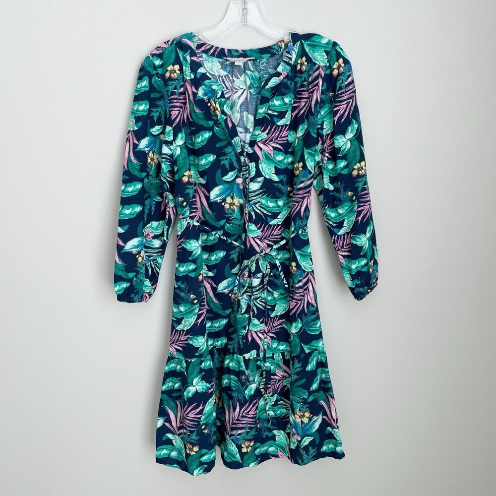 Loft Size M Tropical Print 3/4 Sleeve Linen Blend Waist Tie Dress